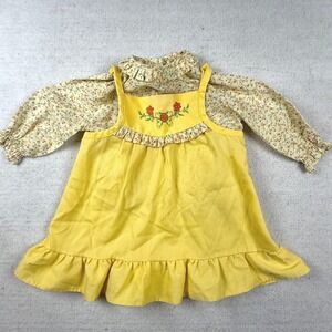 Vintage Stone Yellow Corduroy Jumper Dress Floral Blouse Set 18 Months USA